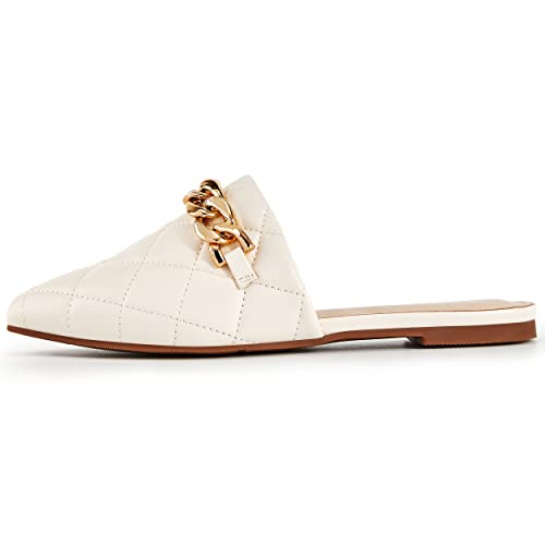 Womens Flat Mules Closed Pointed Toe Slip On Low Heel Chain Loafers Slides Backless Shoes Beige #TOP1