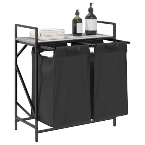 Panier à linge 2 compartiments gris sonoma et bois avec plateau de rangement