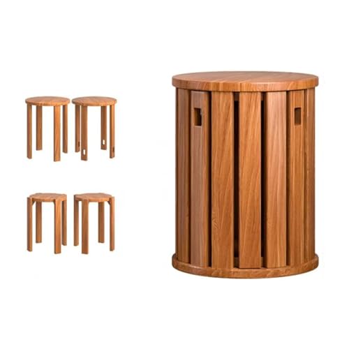 Juego de 4 taburetes apilables de madera maciza, redondos, para sala de estar, dormitorio, cocina, balcón, acabado natural