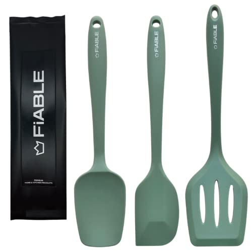 Image of FiABLE Premium Big Silicone Spatulas for Cooking - Full Silicone Set of 3 -Food Grade-BPA Free- 1 Year Brand Warranty - High Heat Resistant, Seamless Design - Spatula, Spoonula & Turner - Green