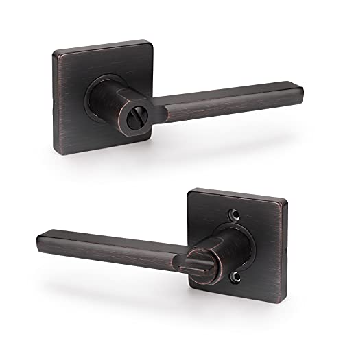 KNOBWELL 3 Pack Oil Rubbed Bronze Privacy Lever Door Handle Slim Square Easy to Open Locking Lever Set - for Bedroom or Bathroom - Reversible for Right & Left Sided Doors Heavy Duty
