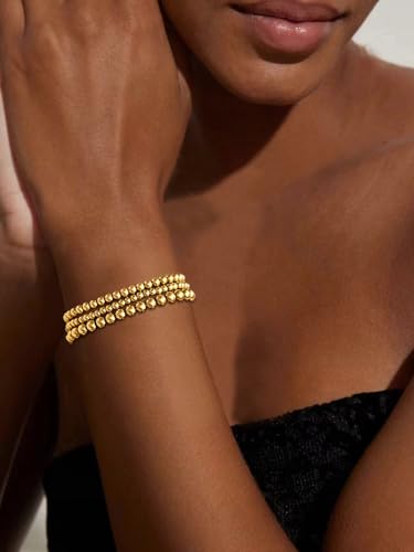 Gold Bangle Bracelets for Women, 14K Gold Plated Beaded Bracelets Stretch Bead Ball Chain Layered Bracelet Stack Set, Love Cubic Zirconia Bangle Women Jewelry4