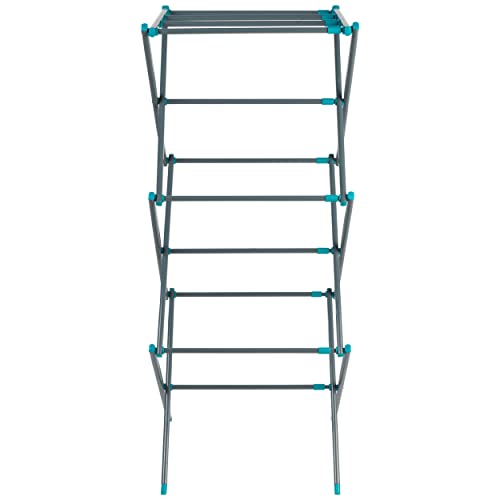 Beldray LA077615EU7 Séchoir à Linge Compact Extensible, 3 Niveaux, Étendoir à Linge Télescopique Pliable, Séchage en Intérieur, Espace de séchage de 7 mètres, Léger, Rangement Facile, Turquoise/Gris