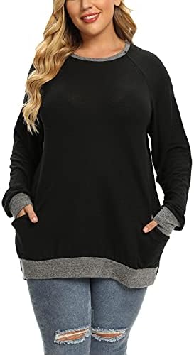 Plus Size Sweatshirts for Women Long Sleeve Fall Crewneck Tunic Tops Lightweight Sweaters with Pockets Black 3X