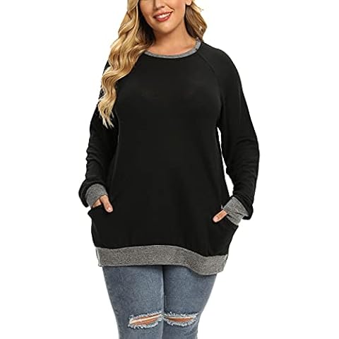 Plus Size Sweatshirts for Women Long Sleeve Fall Crewneck Tunic Tops Lightweight Sweaters with Pockets Black 3X Cover