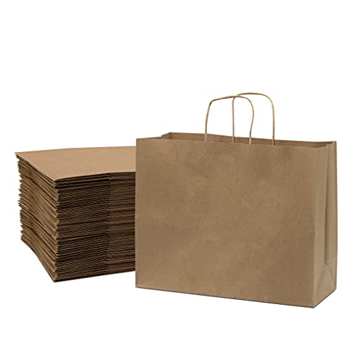 Prime Line Packaging Large Brown Paper Bags with Handles for Small Business, Retail, Boutique Shopping, Grocery, To Go Kraft, Bulk - 16x6x12, 100 Pack