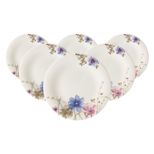 Villeroy & Boch Mariefleur Gris Basic Frühstücksteller 6er Set, 21 cm, Dessertteller mit Blumendekor, Premium Porzellan, Weiß/Bunt