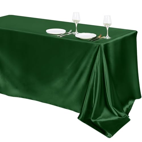 Image of TURSTIN 1 Packs Dark Green Satin Tablecloth 102 x 58 Inch Overlay Satin Table Cover Rectangle Bright Silk Tablecloth Smooth Fabric Table Decoration for Wedding Banquet Party Events