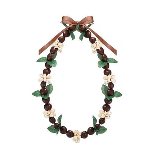 Hawaiian Graduation Kukui Nut Leis Flower Necklace Ribbon Bow Tie Closure Adjustable Acrylic Heart Shell Beads for High School College Graduation Student-Brown