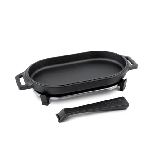 ooni Cast Iron Sizzler Pan - Griddle Frying Pan, 12" x 6" Sizzler Plate with Removable Handle and Stainless Steel Trivet, Pre-Seasoned Non-Stick Oven Safe Cookware, Pizza Oven and BBQ Accessories