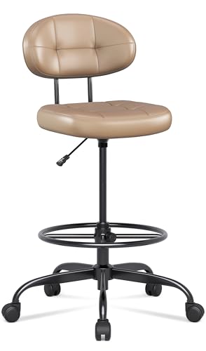 Misolant Drafting Chair Without Arms, Tall Office Chair with Footrest Ring for Standing Desk, Small Faux Leather Executive Office Chair with Adjustable Height for Bar Lab Counter Height Desk, Brown