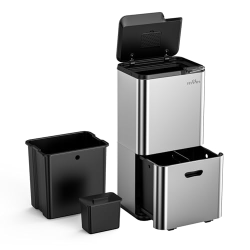 mVm Cestino da Cucina, 63L Pattumiera Tripla per Riciclaggio a Pedale, Pedali e Secchi Interni, Pattumiera Differenziata, Cestino Triplo in Acciaio, Grigio