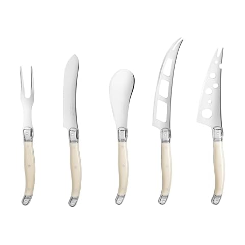 French Home Laguiole 5-Piece Artisan Cheese Knife Set – Versatile Cheese Knives Set with Three-Rivet Ivory-Colored Handles & Iconic Bee Emblem – Sophisticated Charcuterie Board Accessories Cover