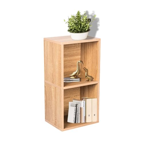 Image of 2 Cube Storage Organizer Wooden Bookshelf, 2 Cube Shelf Bookcase, Small Bookshelf Storage Organizer, 2 Cube Storage Shelf for Bedroom, Small Bookshelf for Living Room and Office (Oak)