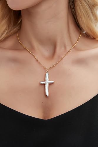 Women Nature Pearl Cross Necklace Freshwater Cross Pearl Necklace Gold Cross Pendant Necklace2