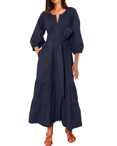 Women's Ruffle Maxi Dress Puff Sleeve Flowy Tiered Long Dress with Belt