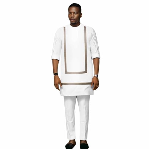 African Men`s Clothing Half Sleeve Embroidery Shirts and Pants 2 Piece Set Plus Size Casual Outfits