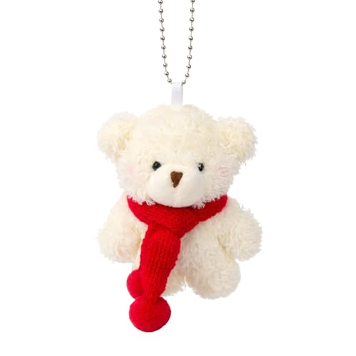 Image of Snow White Plush Teddy Bear Keychain with Red Knitted Scarf & Silver Ball Chain - Soft Fluffy Mini Bear Charm with Warm White Fur Finish, Cute Aesthetic Hanging Accessory for Keys, Bags