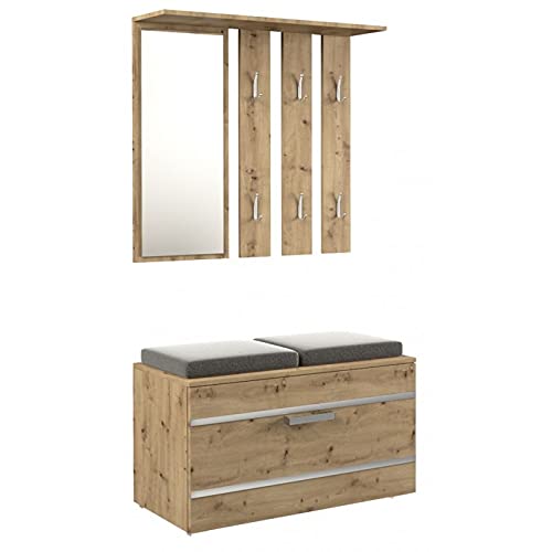 Hucoco Kathi | Meuble d'entrée Miroir + Banc| Dimensions 35x85x180 | Banc de Rangement à Chaussures | 6 Crochets | Vestiaire | Chêne Cover