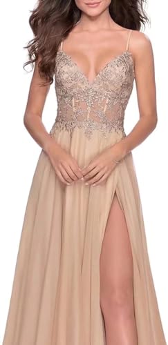 Women's Lace Appliques Prom Dresses Long V Neck Slit Evening Dress Spaghetti Straps Lace Formal Party Gowns4