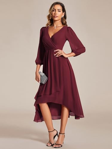Image of Ever-Pretty Women's Chiffon V Neck Long Sleeves A-Line Midi Length Wedding Guest Dress Cocktail Party Formal Dresses 01926