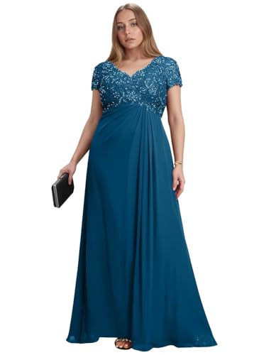 Long Mother of The Bride Dresses for Wedding Laces Appliques V Neck Short Sleeve Formal Evening Gowns