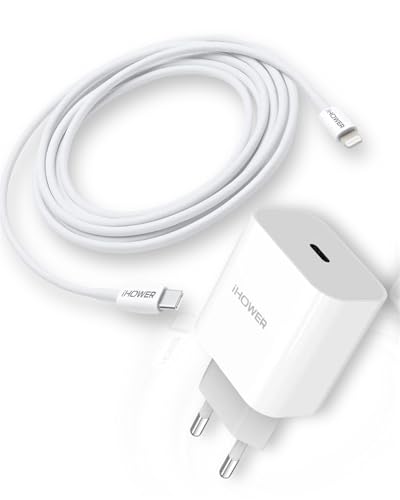 iHOWER - Cargador completo para IPhone USB-C+cable a Lightning 1m, adaptador de 20 W, carga rápida, compatible con IPhone 7, 8, SE, X,XS,XR,11Pro,11ProMax,12,12 Mini,12Pro,12 ProMax,13,13 Pro,13ProMax