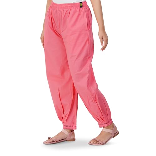 Image of Happy Bunny Women's Cotton Afghani Salwar with Lace Embroidery Detailing - Elastic Waist, Comfortable Loose Fit Bottoms for Casual, Ethnic