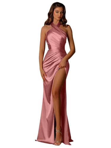 Image of OFEECHUN Halter Satin Bridesmaid Dresses for Women Mermaid Prom Dress Long Evening Formal Gowns