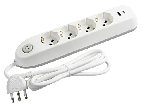Bticino Poker 6-Seater Power Strip, 2 USB Sockets and 4 Multi-Purpose Sockets (Schuko 10/16 A and Bipas), Electrical Strip with Switch, 1.5 m Cable, 16 A Plug, Robust and Space-Saving,