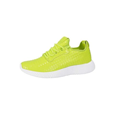 LUCKY STEP Women Holographic Metallic Pyramid PU Leather Rainbow Sneaker Lightweight Jogger Casual Lace UP Shoes Neon Green Size: 8 UK Cover
