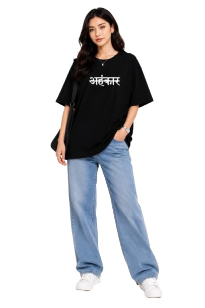 Women's Oversized Black T-Shirt with अहंकार Hindi Graphic Print, Casual Style-picture-30