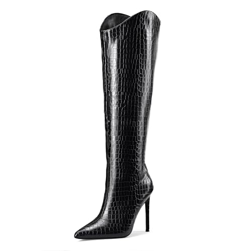 Elisabet Tang Women's Knee High Boots Pointed Toe Tall Boots 4 In Stiletto Heel Stylish Wide Calf Slip on High Heel Booties for Women Winter Long Boot Shoes Black Grain Size 9