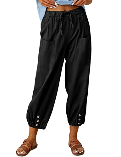 HangNiFang Cotton Linen Capri Pants for Women High Elastic Waisted Drawstring Cropped Pants with Pockets