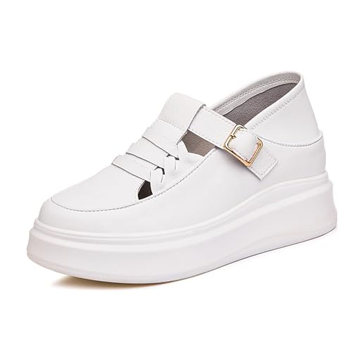 Women's Soft Leather Platform Height Increasing Sneakers,Fashion Hollow Woven Hook & Loop Breathable Round Toe Casual Walking Shoes Outdoor Comfortable Slip on Sandals