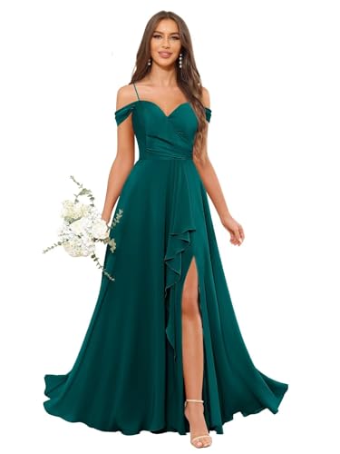Bridesmaid Dresses for Women Off The Shoulder Ruffles V-Neck Pleated Formal Evening Gown with Slit