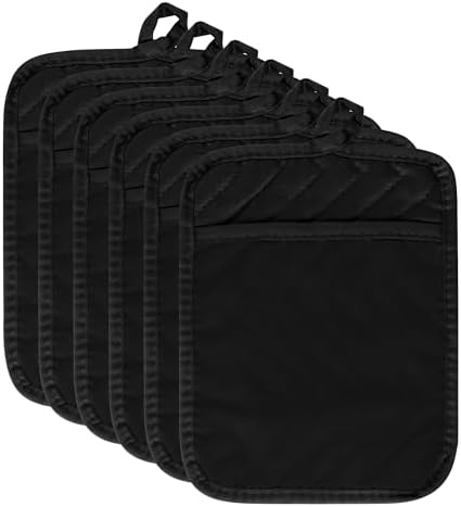 R HORSE 6Pcs Pot Holder with Pocket for Kitchen Black Pot Holders Set Cotton Heat Resistant Potholder Terry Cloth Coaster Hot Pad Oven Mitts Trivet for Baking Cooking 7''x9''