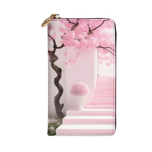 Pink Cherry Blossom Staircase Prints Leather Long Clutch Wallet for Fashionable Girls and Women - Durable, Stylish, and Functional, Black, One Size2