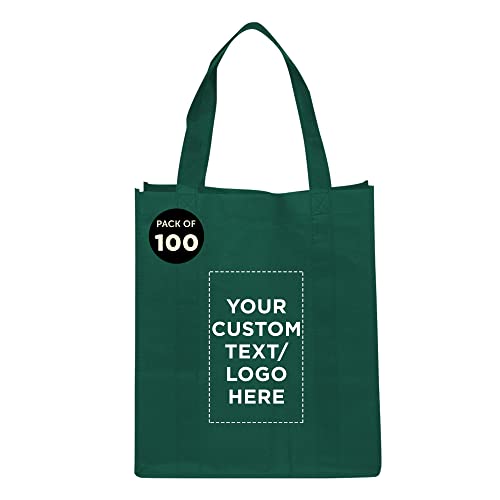 DISCOUNT PROMOS Custom Reusable Grocery Tote Bags - 100 Pack - Personalized Logo, Text - Large Handle, Heavy Duty Cloth Shopping Bag - Forest Green - 13