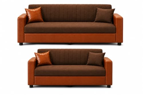 Image of 3+2 Sofa Set for Living Room | 3 Seater & Two Seater Sofa | Premium Fabric & Leatherette Upholstery | Soft Foam Cushions | for Home, Office & Reception | Pre-Assembled(Brown and Tan)