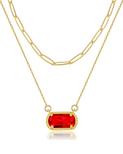 Lourny Gemstone Birthstone Pendant Layered Necklace for Women Trendy, 18K Gold Plated Paperclip Chain Preppy Choker Charm Necklace for Women Wife Jewelry