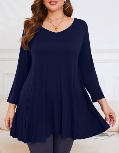 Image of LARACE Tunics 3 /4 Sleeve Plus Size Tops for Women V Neck Loose Fit Flowy Clothing for Leggings