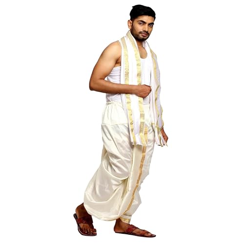 Image of Rameshwaram Fabrics Readymade Dhoti for Men, Velcro Style Stitched Mens Silk Dhoti Pant with Stole Set