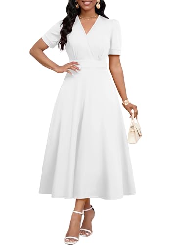 Image of MarryUP Women's Midi Dresses - V Neck Cocktail & Church Tea Dresses - Short Sleeve A-Line Swing Dress