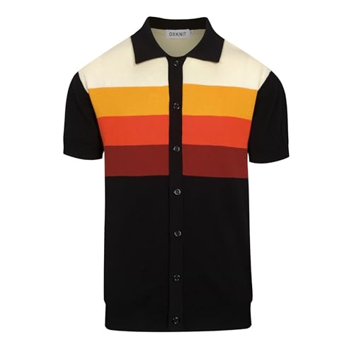 OXKNIT Polo para Hombre de Punto con Mangas Cortas, Camisa Vintage con Botones y Rayas Coloridas, Algodón Negro