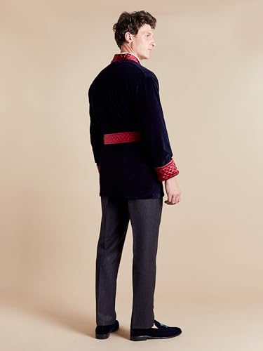 Cliveden British Short Velvet Navy Smoking Jacket - Burgundy Piping (XL)4