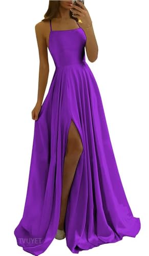 Image of Tvuyet Satin Prom Dresses Long with Pockets Spaghetti Straps A Line Bridesmaid Dresses with Side Slit Ball Gown