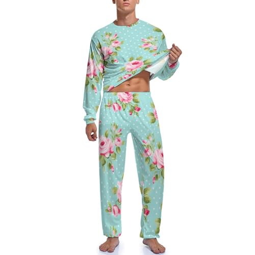 Rose Flowers Men's 2 Piece Pajamas Sets Long Sleeve T-Shirt and Pants Pajama Lounge Set Sleepwear3
