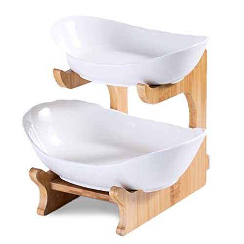 Ironix Fruit Bowl For Kitchen Counter White Ceramic And Natural Bamboo Two Tier Serving Stand, Decorative 2 Tier Fruit Stand For Vegetables & Snacks #TOP3