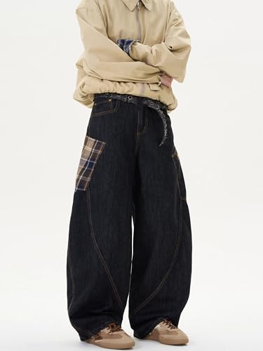 GUOYUXIAO Men's Jeans American-Style Checkered Curved-Leg Pants Loose-fit Retro Casual Trouser for Men4